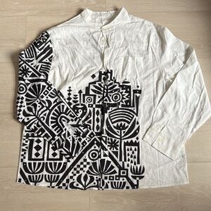 Men's White and Black Tribal Patterned Casual Button Down Long Sleeve Shirt
